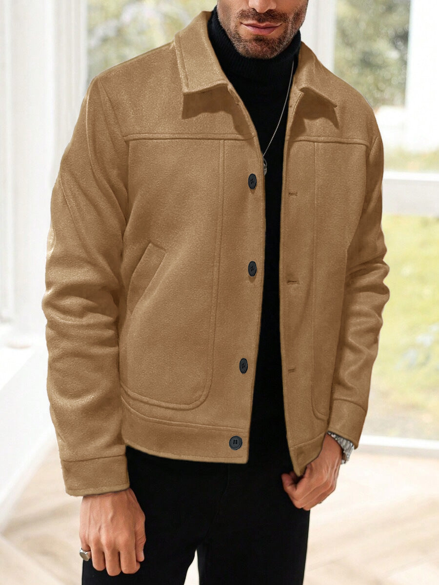 Men’s Retro Wool-Blend Button Jacket – Classic Lapel, Short Vintage Coat for Spring & Fall