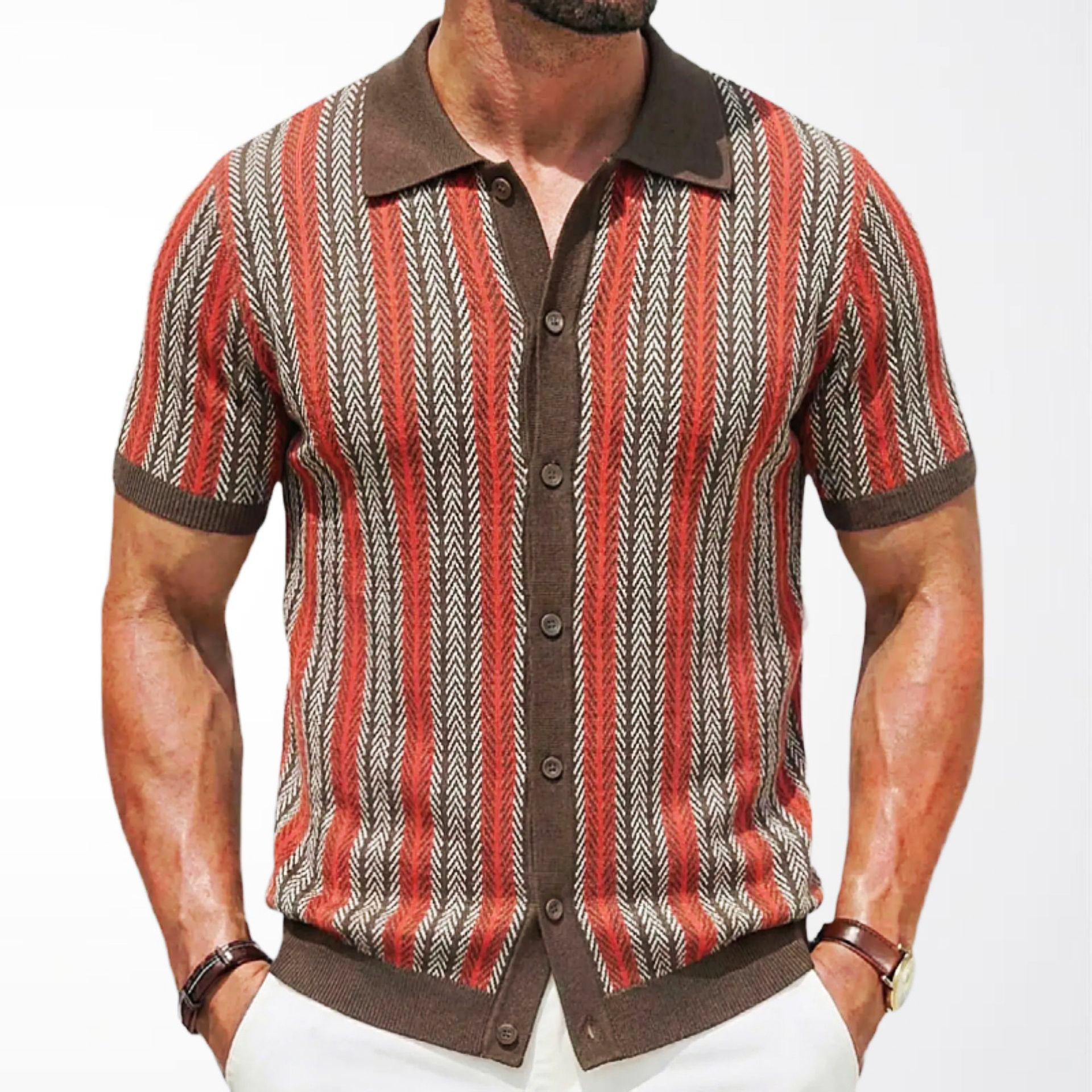 Men's Vintage Vertical Striped Knit Short Sleeve Cardigan