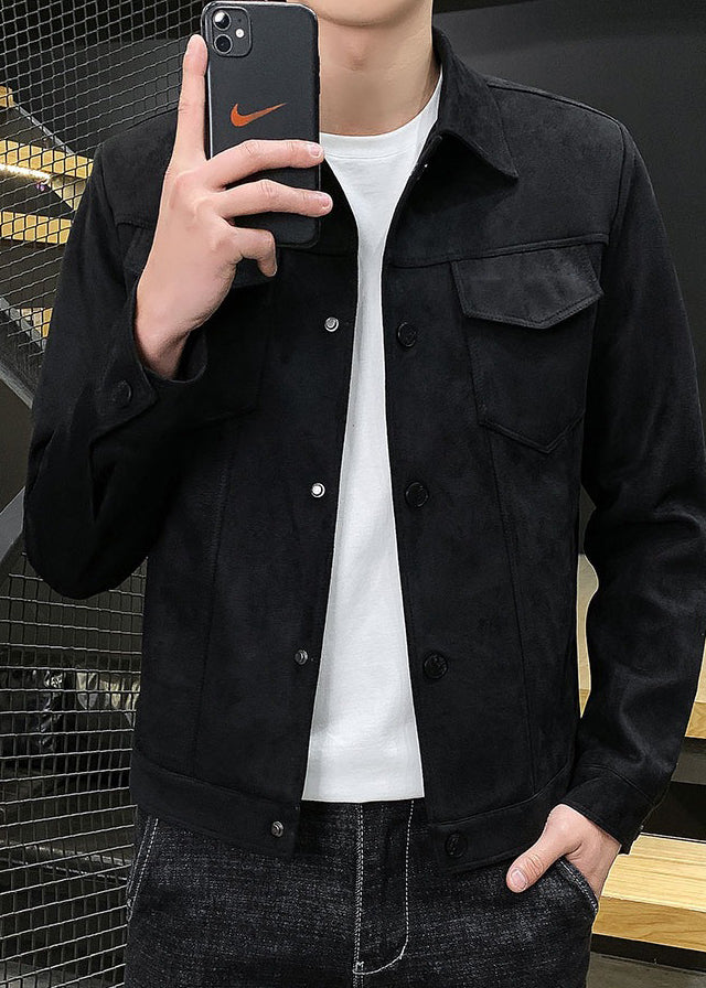 Men’s Suede-Style Jacket – Classic Faux Suede Lapel Outerwear for Spring & Autumn