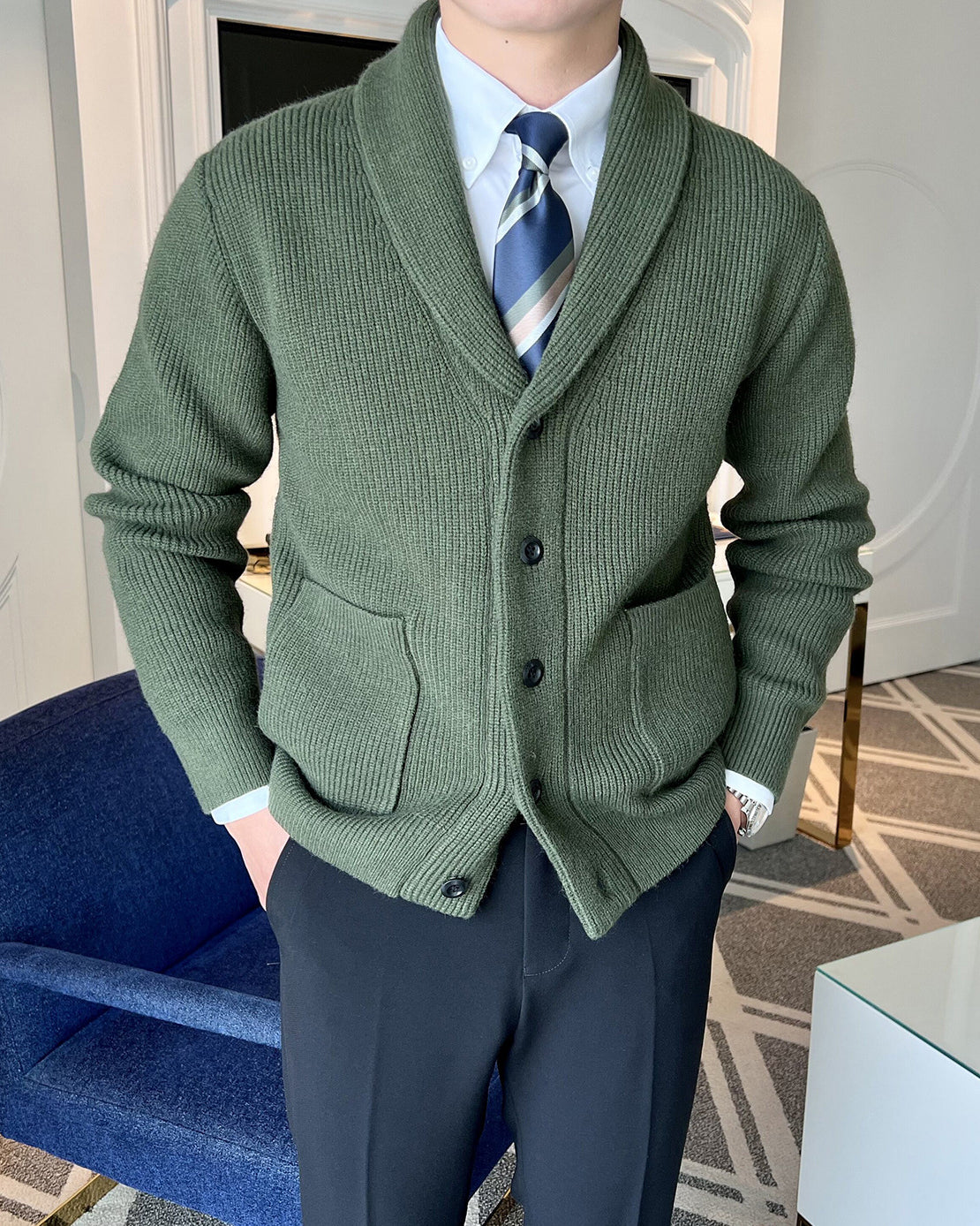 Shawl Collar Knit Cardigan for Men – Retro Business Casual Winter Sweater