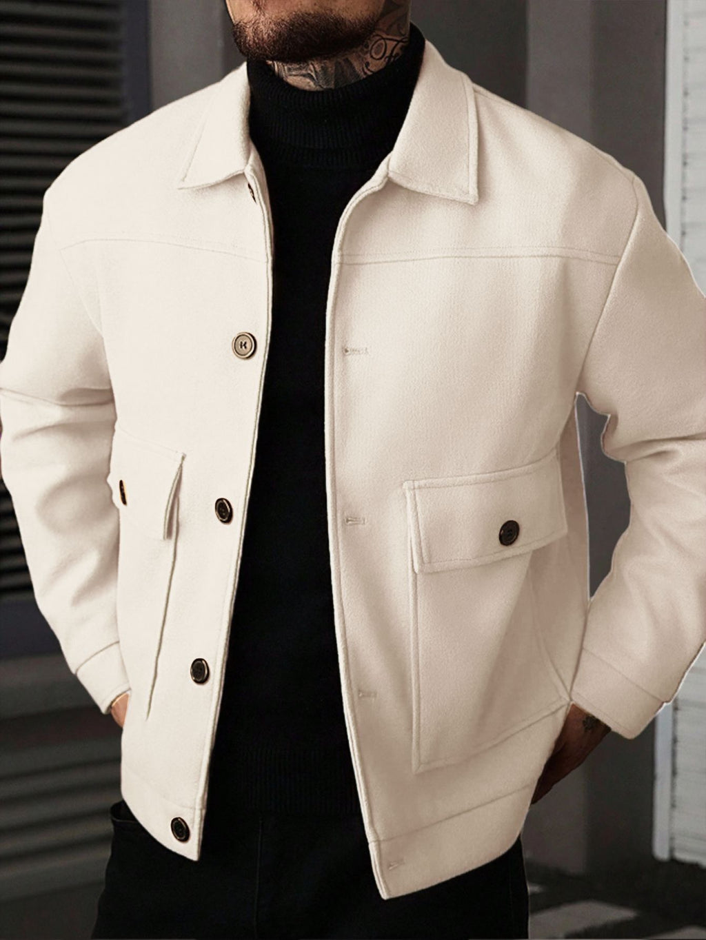 Men’s Casual Lightweight Wool-Blend Workwear Jacket – Button-Up Lapel Coat with Utility Patch Pockets