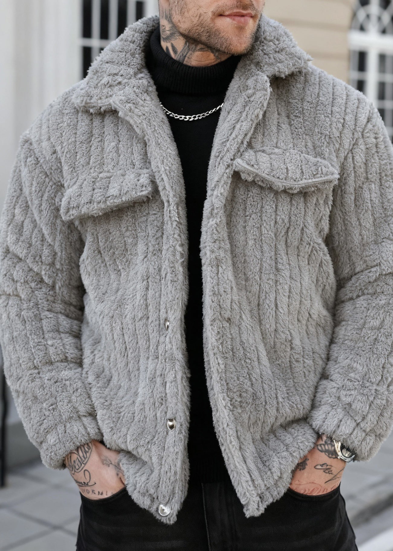 Men’s Plush Fleece Collar Jacket – Warm, Soft & Casual Winter Outerwear