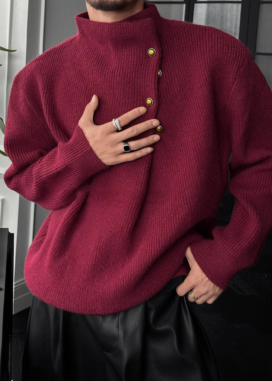 Vintage High-Neck Heavyweight Button Sweater for Men