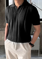 Retro Knitted Polo Shirt for Men - Breathable V-Neck Hollow Out Mesh Short Sleeve Ice Silk Knitwear
