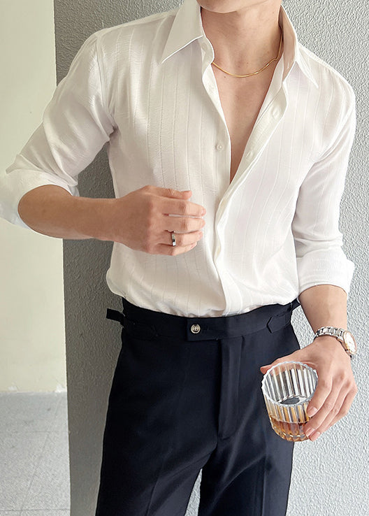 Men’s Luxury Textured Stripe Dress Shirt – Designer Pleated Slim Fit Long Sleeve Shirt