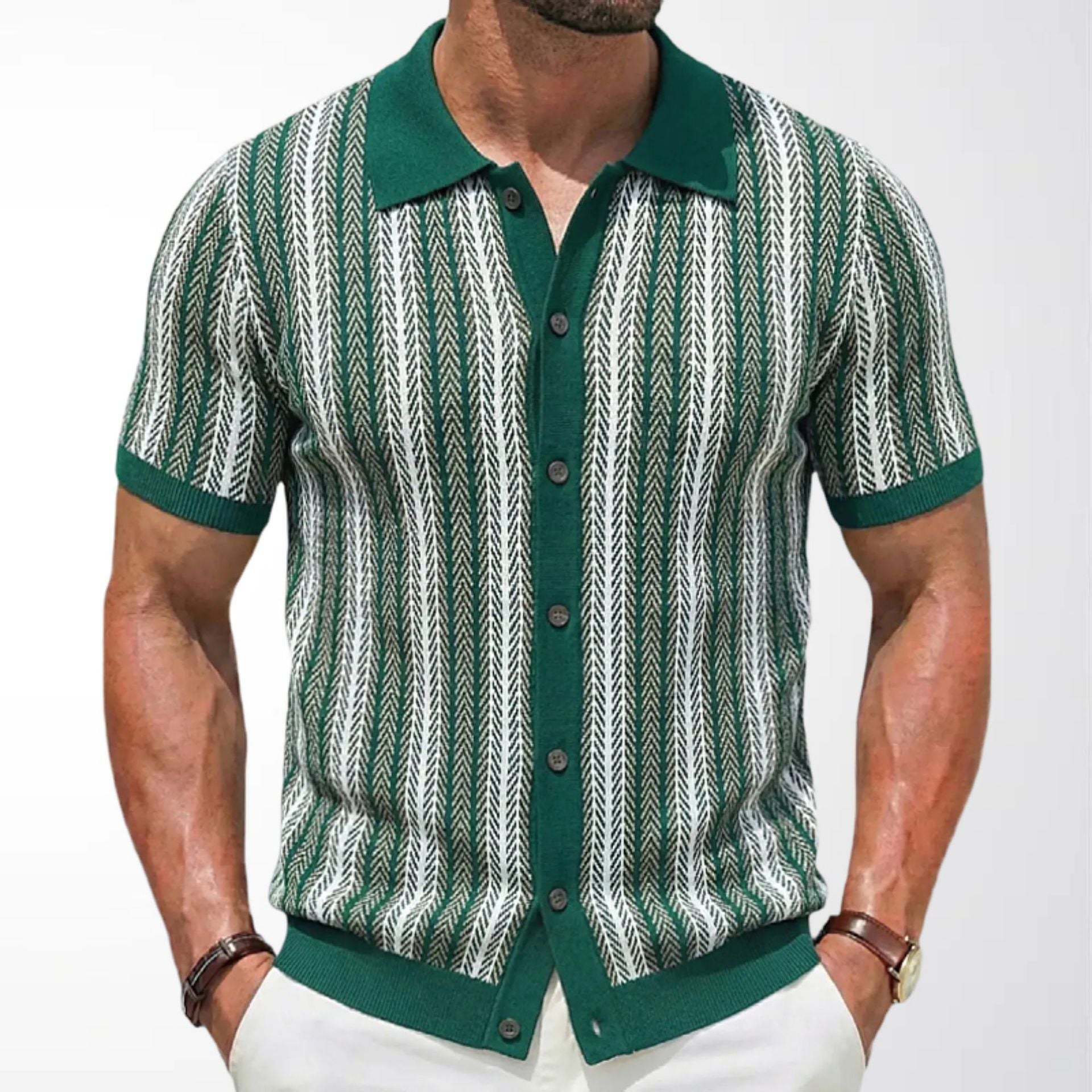 Men's Vintage Vertical Striped Knit Short Sleeve Cardigan