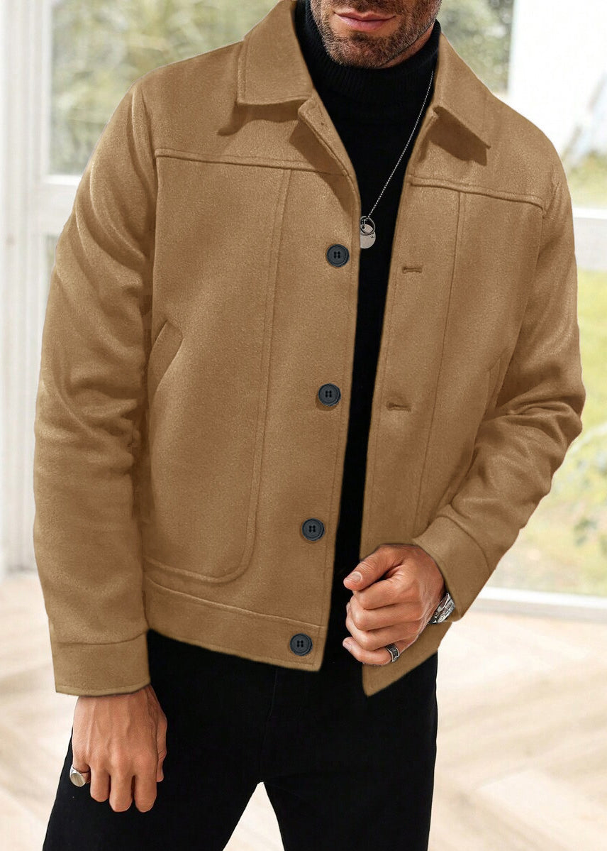 Men’s Retro Wool-Blend Button Jacket – Classic Lapel, Short Vintage Coat for Spring & Fall
