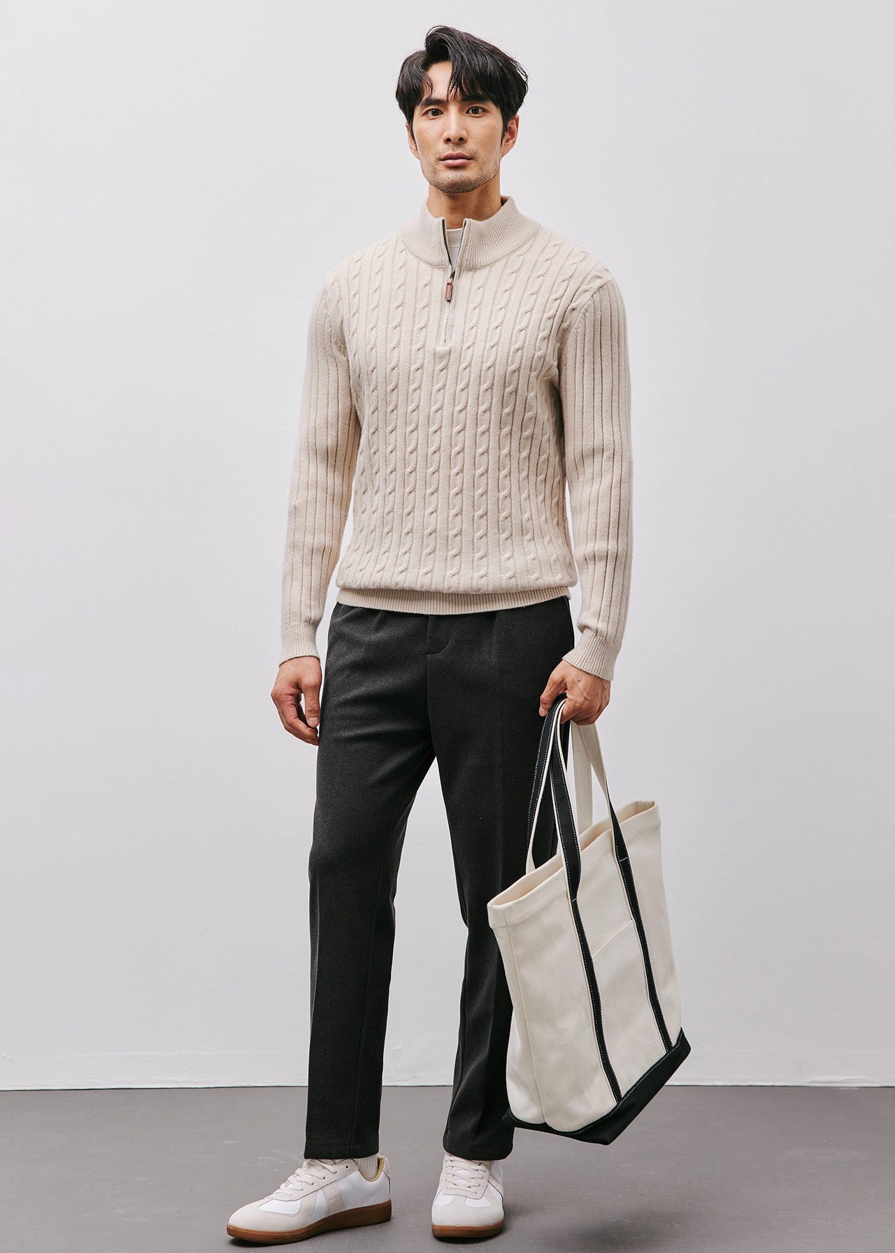 Men’s Half-Zip Cable Knit Sweater — Luxury Textured Stand Collar Pullover for Business & Casual
