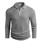Men's Premium Vertical Ribbed Long Sleeve Polo Shirt - Slim Fit Business Casual Knitwear