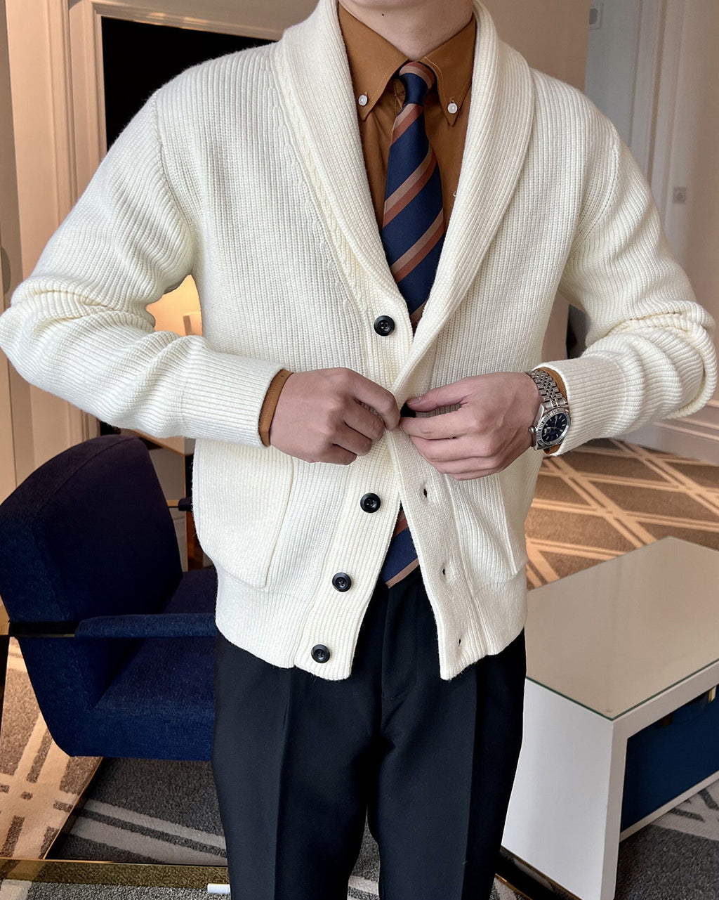 Shawl Collar Knit Cardigan for Men – Retro Business Casual Winter Sweater