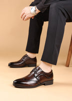 Men’s Embossed Leather Loafers – Slip-On Business Dress Shoes with Embroidered Detail