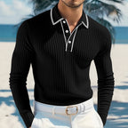 Men's Premium Vertical Ribbed Long Sleeve Polo Shirt - Slim Fit Business Casual Knitwear