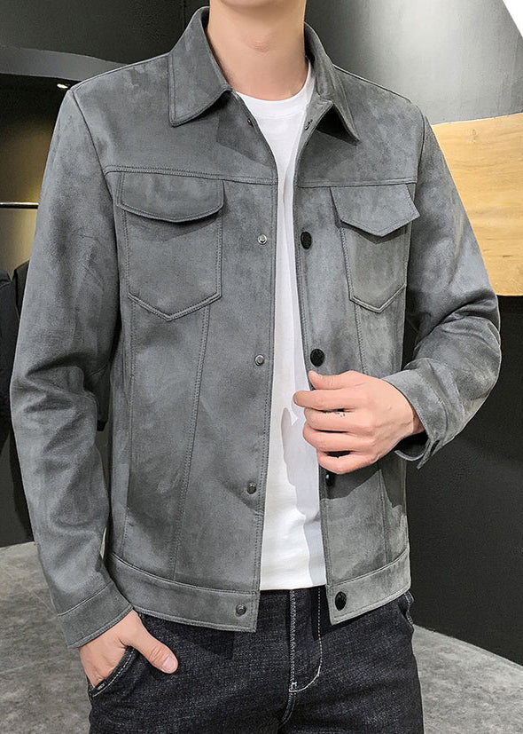Men’s Suede-Style Jacket – Classic Faux Suede Lapel Outerwear for Spring & Autumn