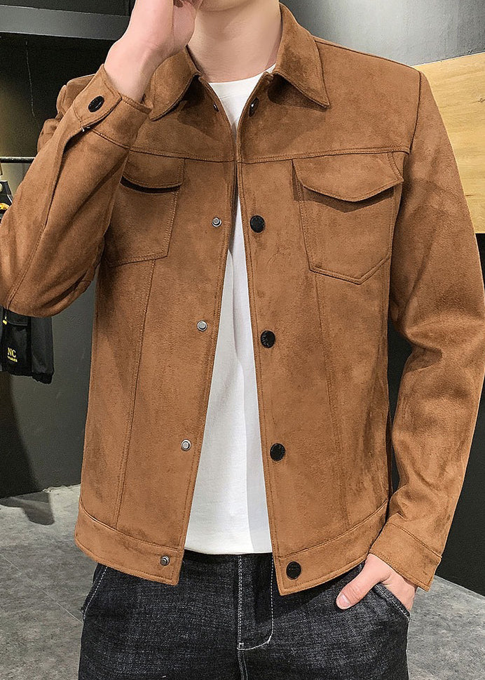 Men’s Suede-Style Jacket – Classic Faux Suede Lapel Outerwear for Spring & Autumn