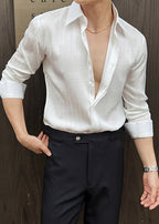 Men’s Luxury Textured Stripe Dress Shirt – Designer Pleated Slim Fit Long Sleeve Shirt