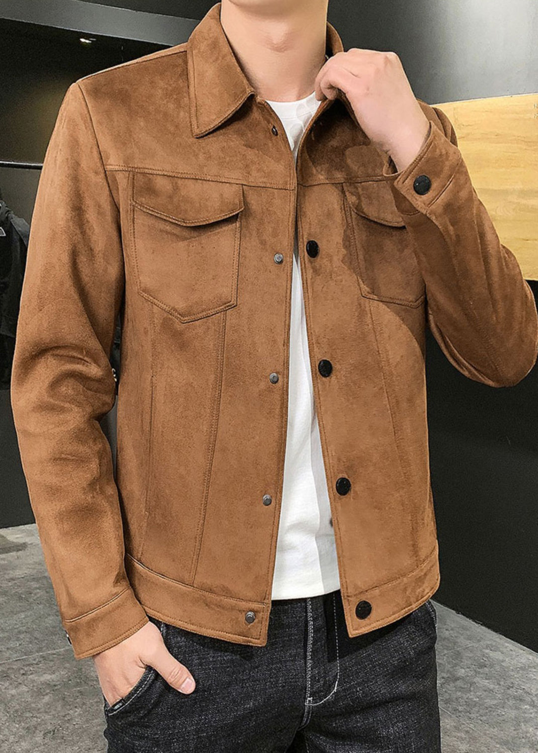 Men’s Suede-Style Jacket – Classic Faux Suede Lapel Outerwear for Spring & Autumn