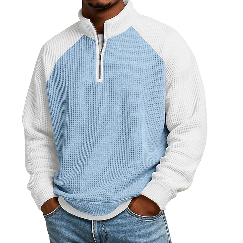 Men's Casual Color-Block Waffle Knit Quarter-Zip Pullover