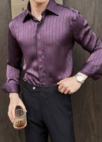 Men’s Luxury Textured Stripe Dress Shirt – Designer Pleated Slim Fit Long Sleeve Shirt