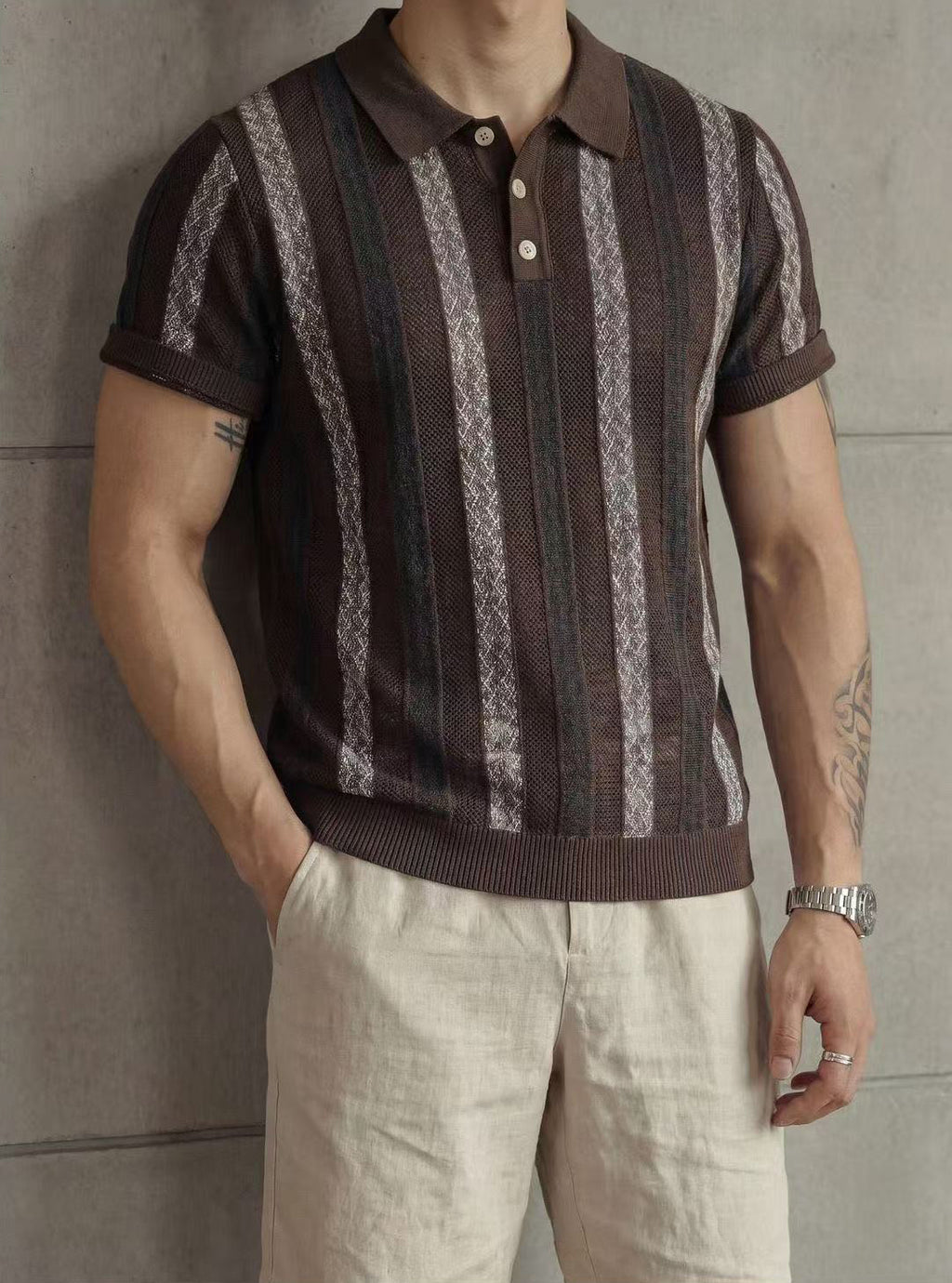 Men's Premium Vintage Striped Knit Polo Shirt