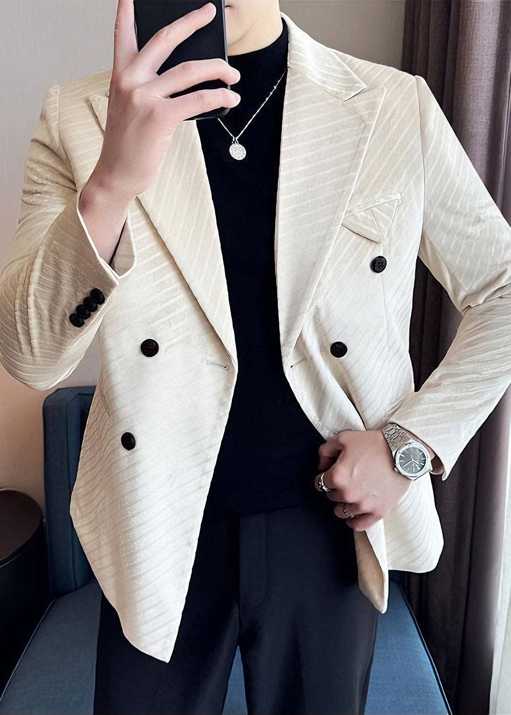 Men’s Acetate-Look Slim Fit Double-Breasted Blazer – Luxury Velvet Twill Formal Suit Jacket