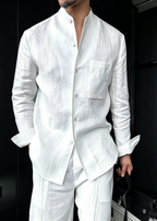 Premium Men's Linen Blend Mandarin Collar Set - Effortless Old Money Aesthetic Summer Lounge Suit