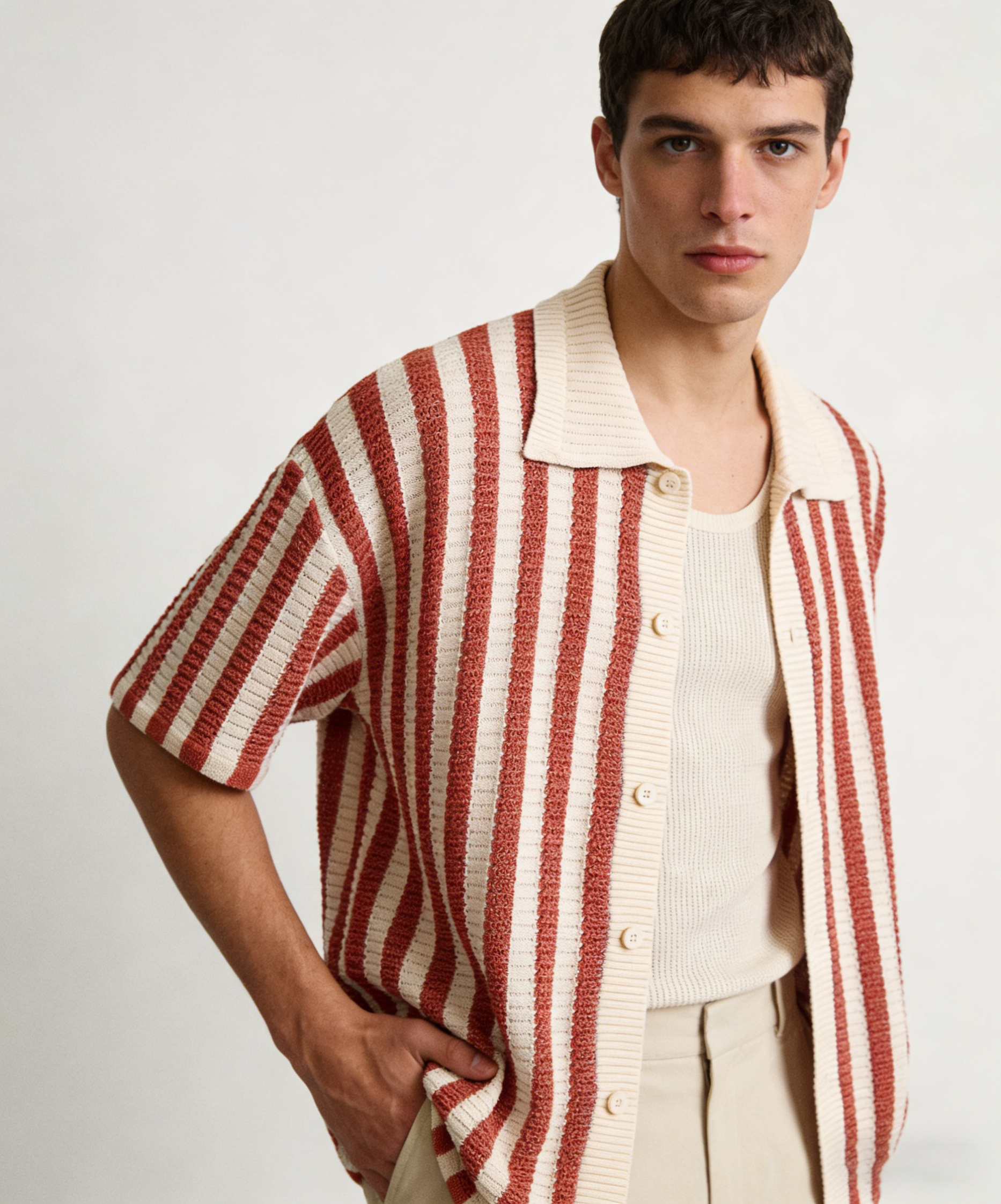 Men's Retro Knitted Striped Camp Collar Shirt