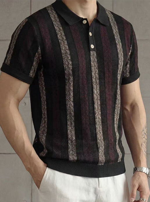 Men's Premium Vintage Striped Knit Polo Shirt
