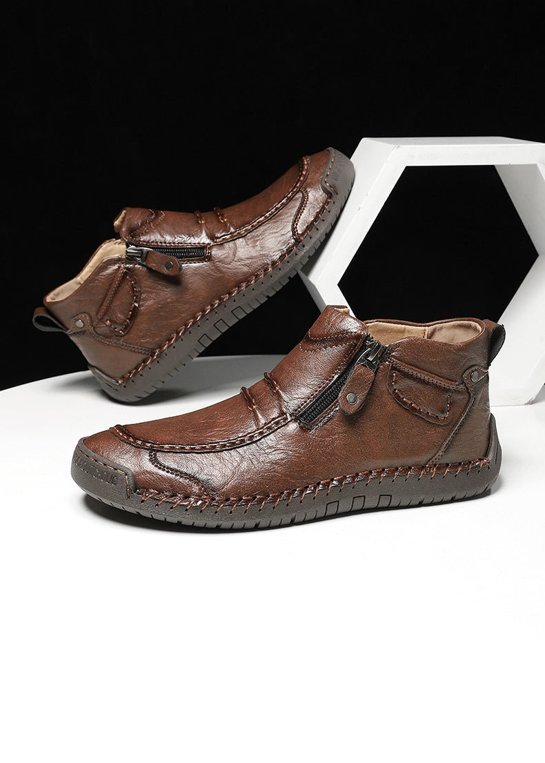 Men‘s Slip-On Leather Martin Boots – Round Toe, Casual, Breathable & Durable