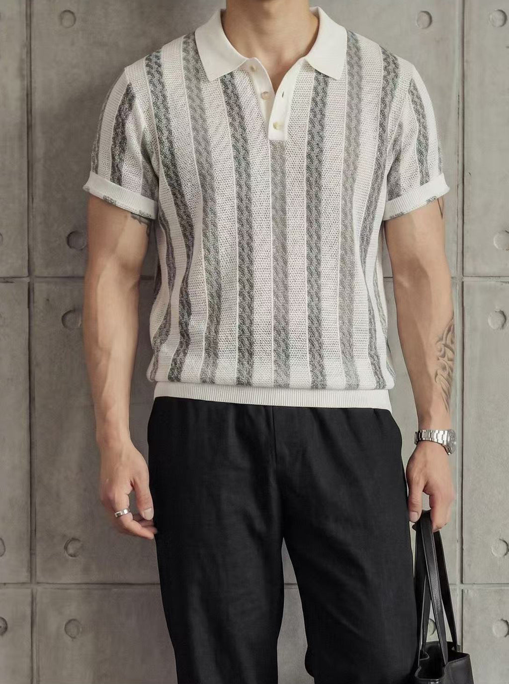 Men's Premium Vintage Striped Knit Polo Shirt
