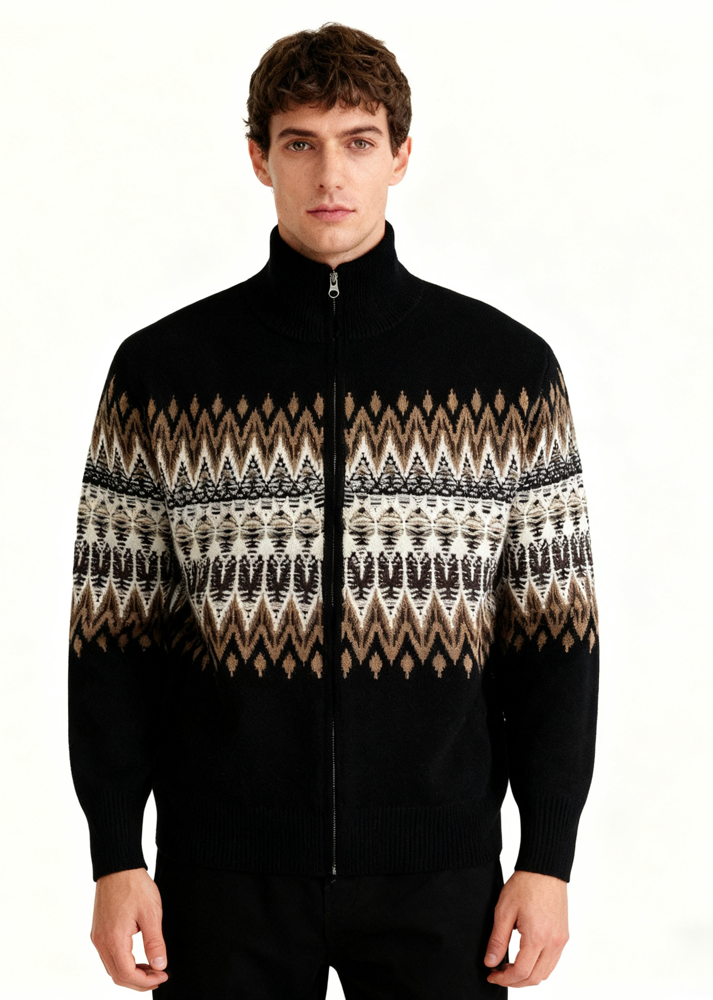 Fair Isle Knit Zip Cardigan