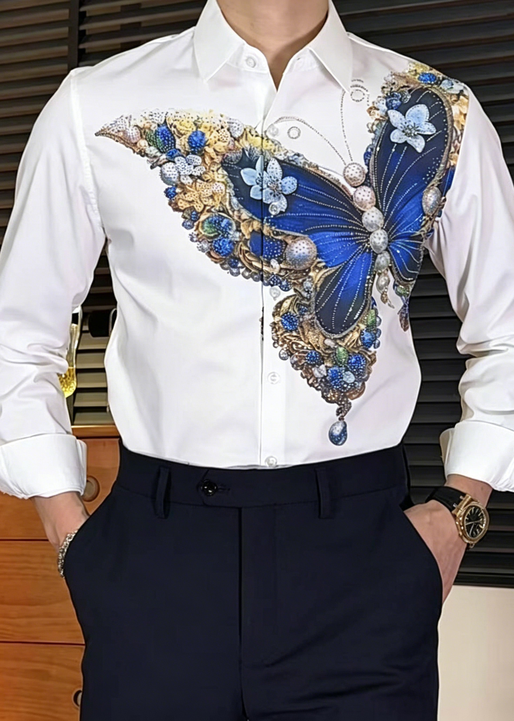 Luxury 3D Butterfly Rhinestone Shirt-Premium Long Sleeve Designer Shirt