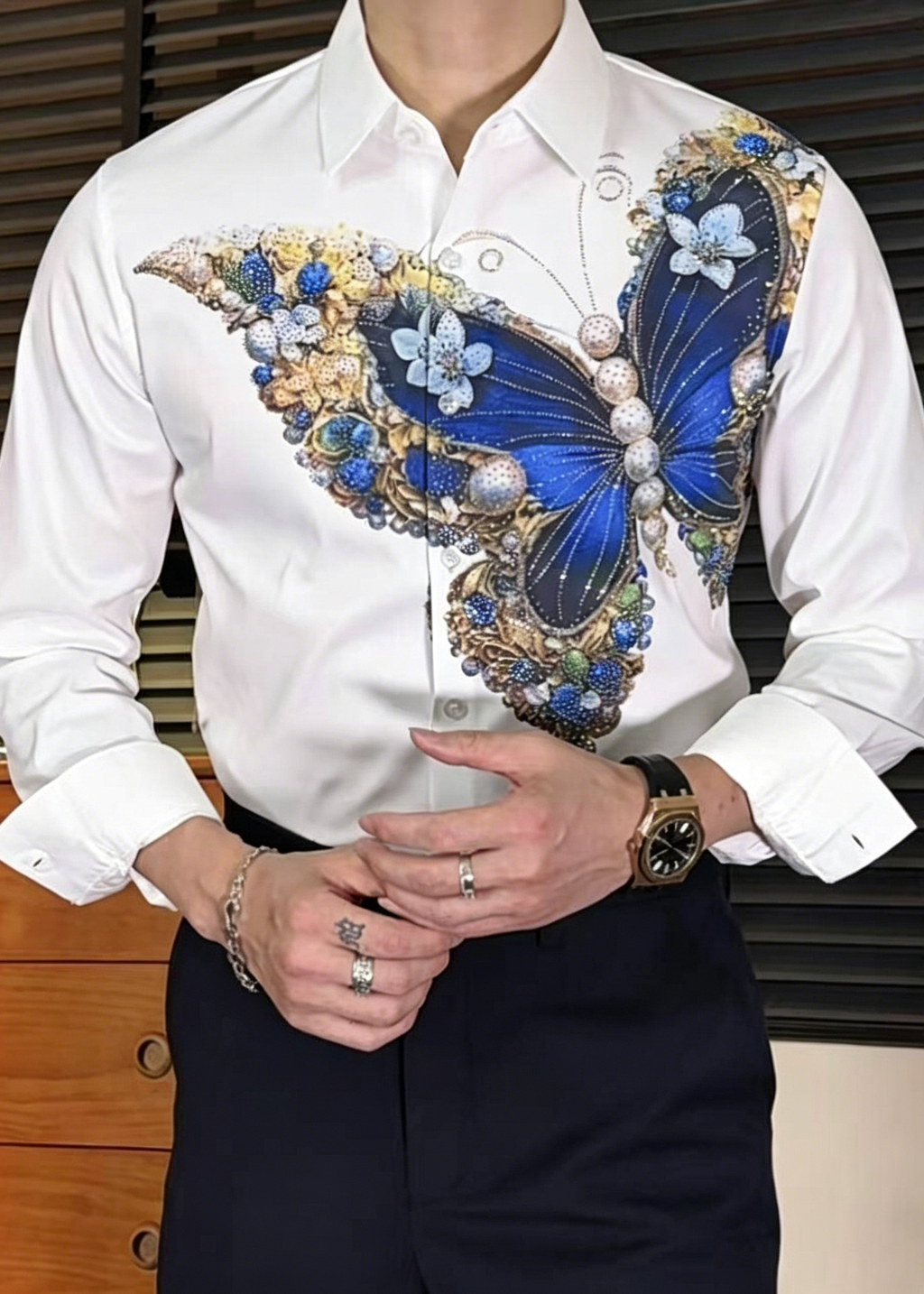 Luxury 3D Butterfly Rhinestone Shirt-Premium Long Sleeve Designer Shirt