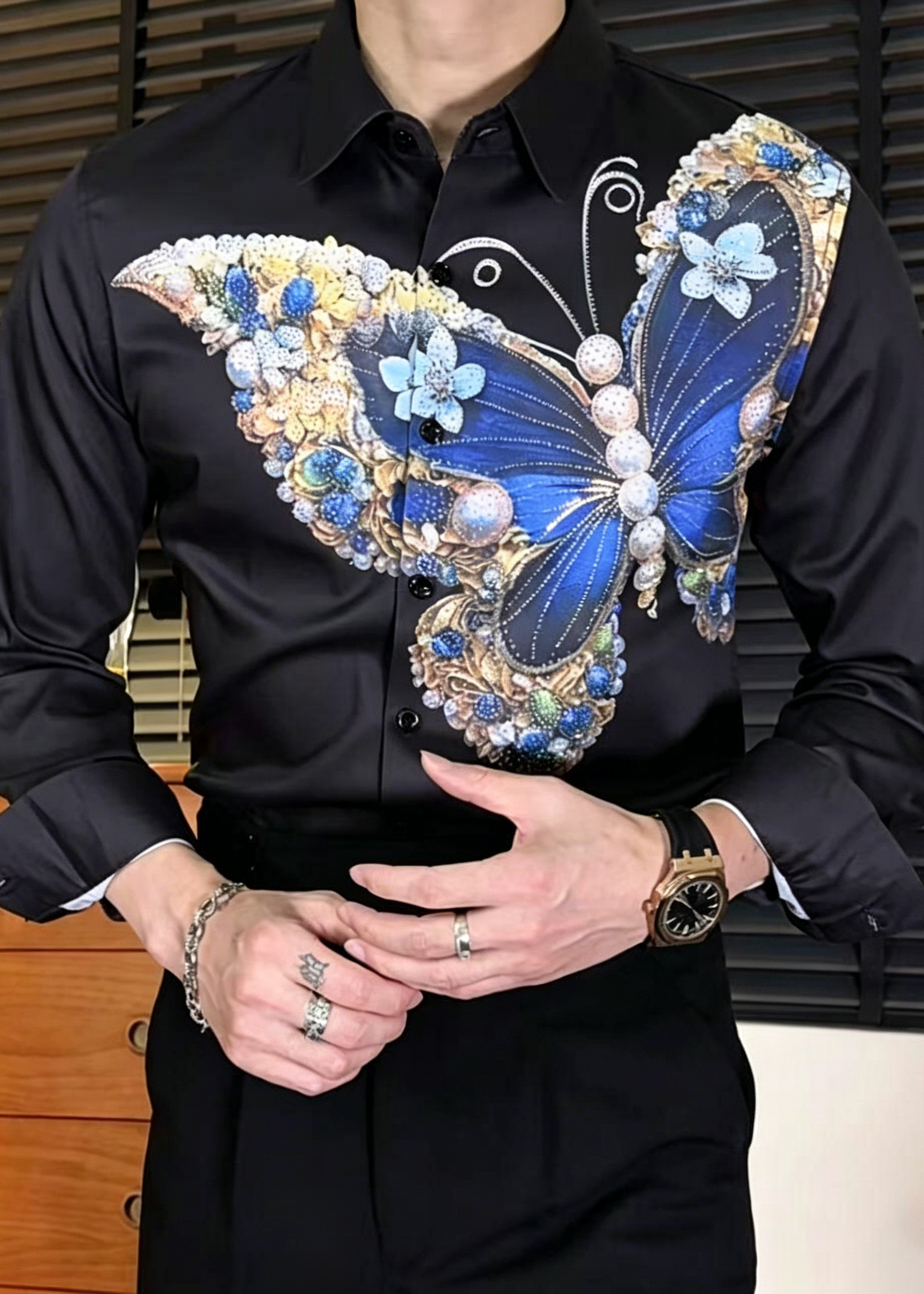 Luxury 3D Butterfly Rhinestone Shirt-Premium Long Sleeve Designer Shirt