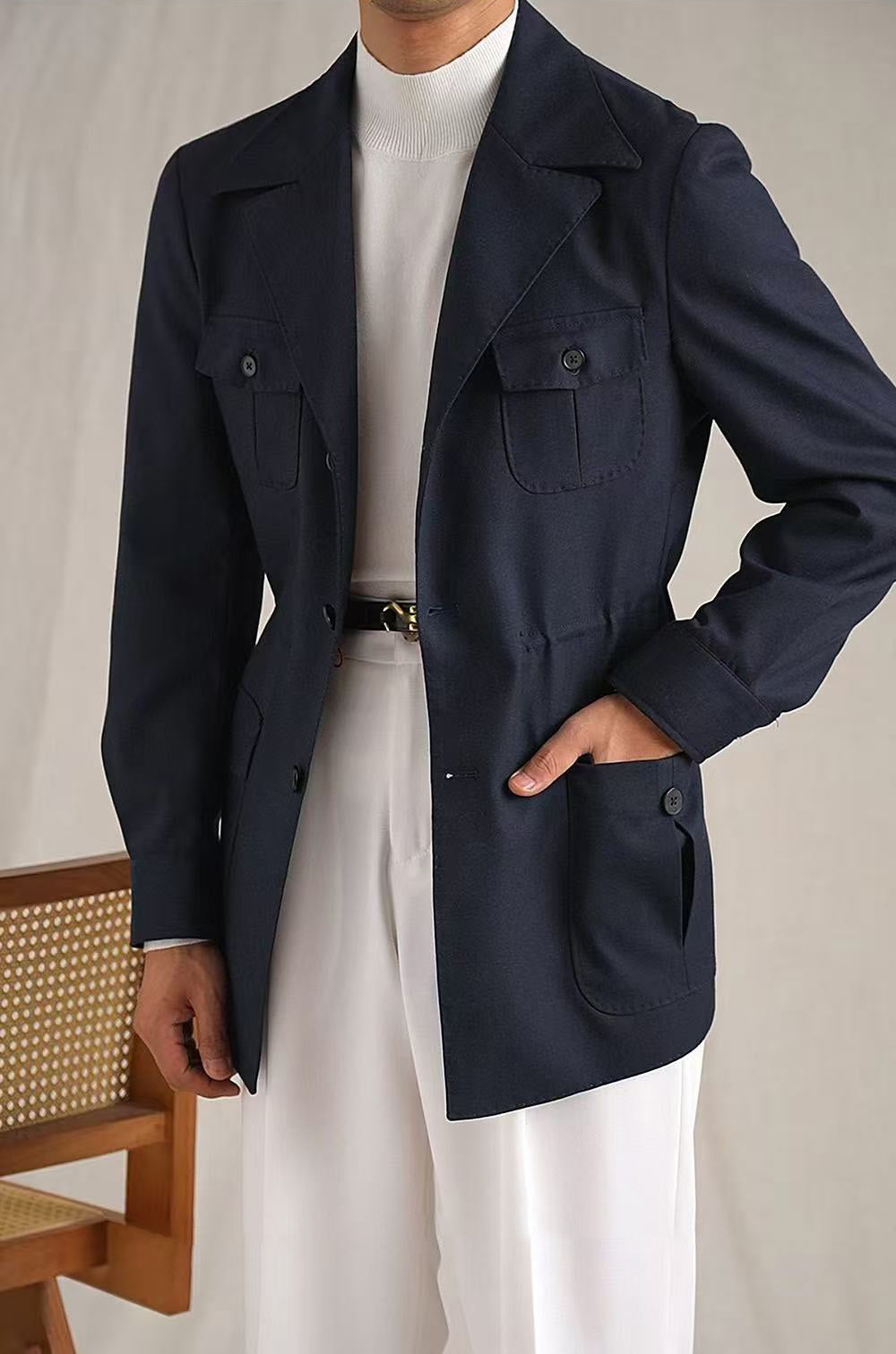 Lapel Lightweight Safari Cargo Jacket Casual Blazer