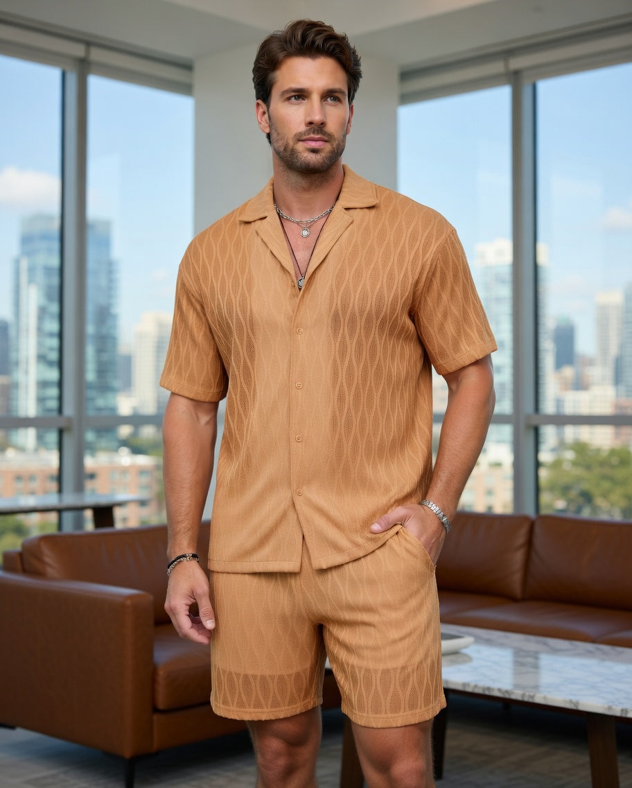 Men's Summer Textured Waffle Knit Shirt & Shorts Set