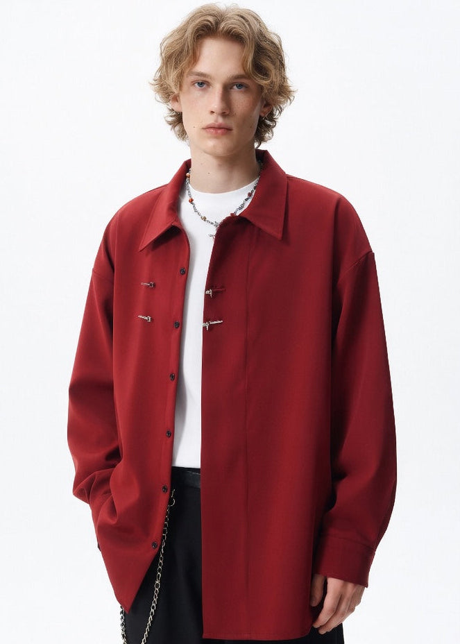 Men's Cleanfit Chinese Knot Shirt – Modern Oriental Loose Fit Long Sleeve Overshirt