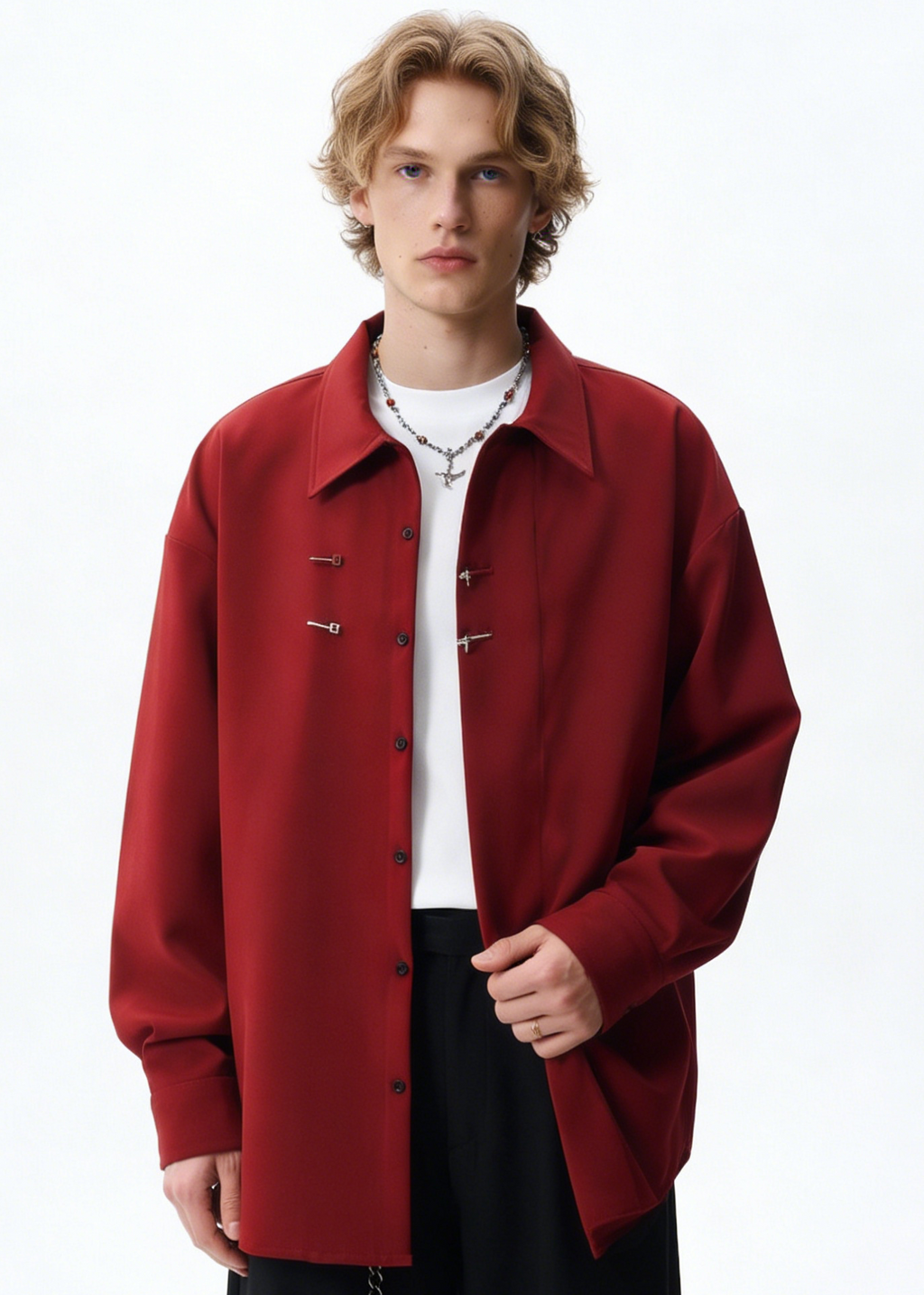 Men's Cleanfit Chinese Knot Shirt – Modern Oriental Loose Fit Long Sleeve Overshirt