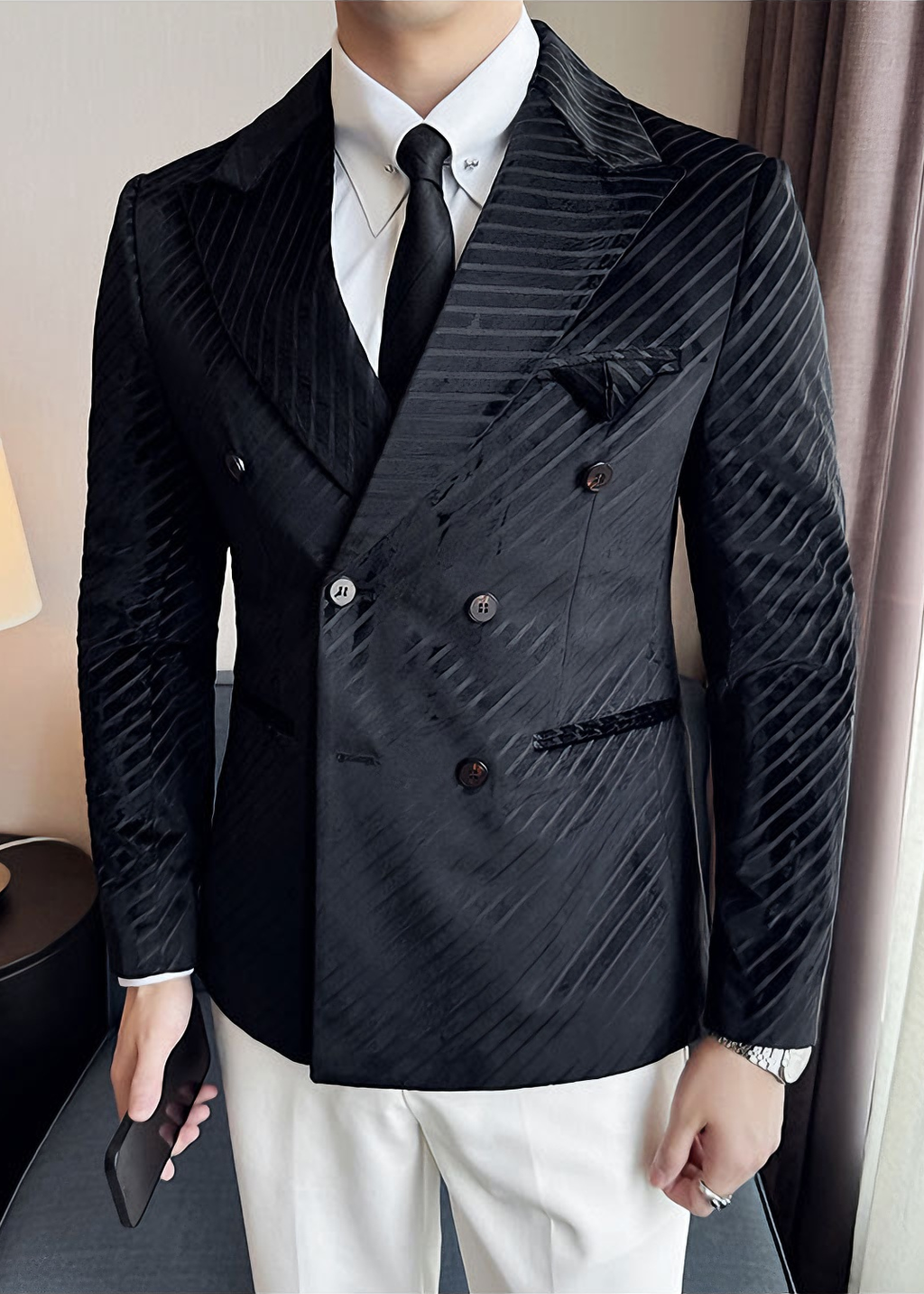 Men’s Acetate-Look Slim Fit Double-Breasted Blazer – Luxury Velvet Twill Formal Suit Jacket