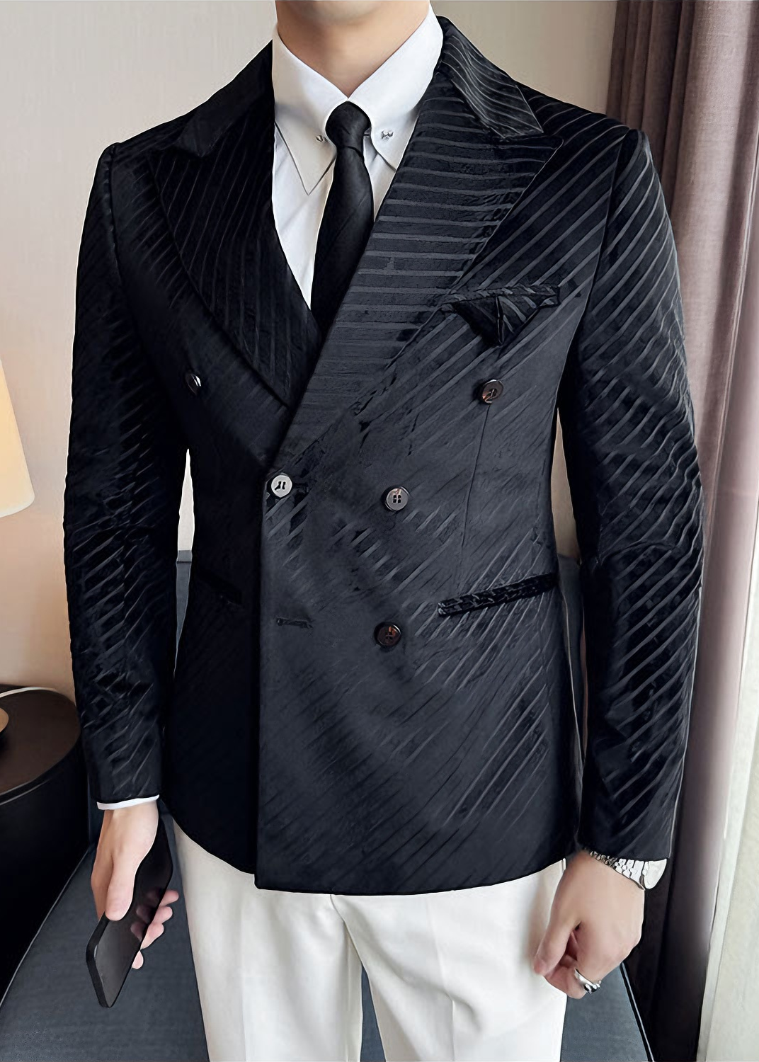 Men’s Acetate-Look Slim Fit Double-Breasted Blazer – Luxury Velvet Twill Formal Suit Jacket