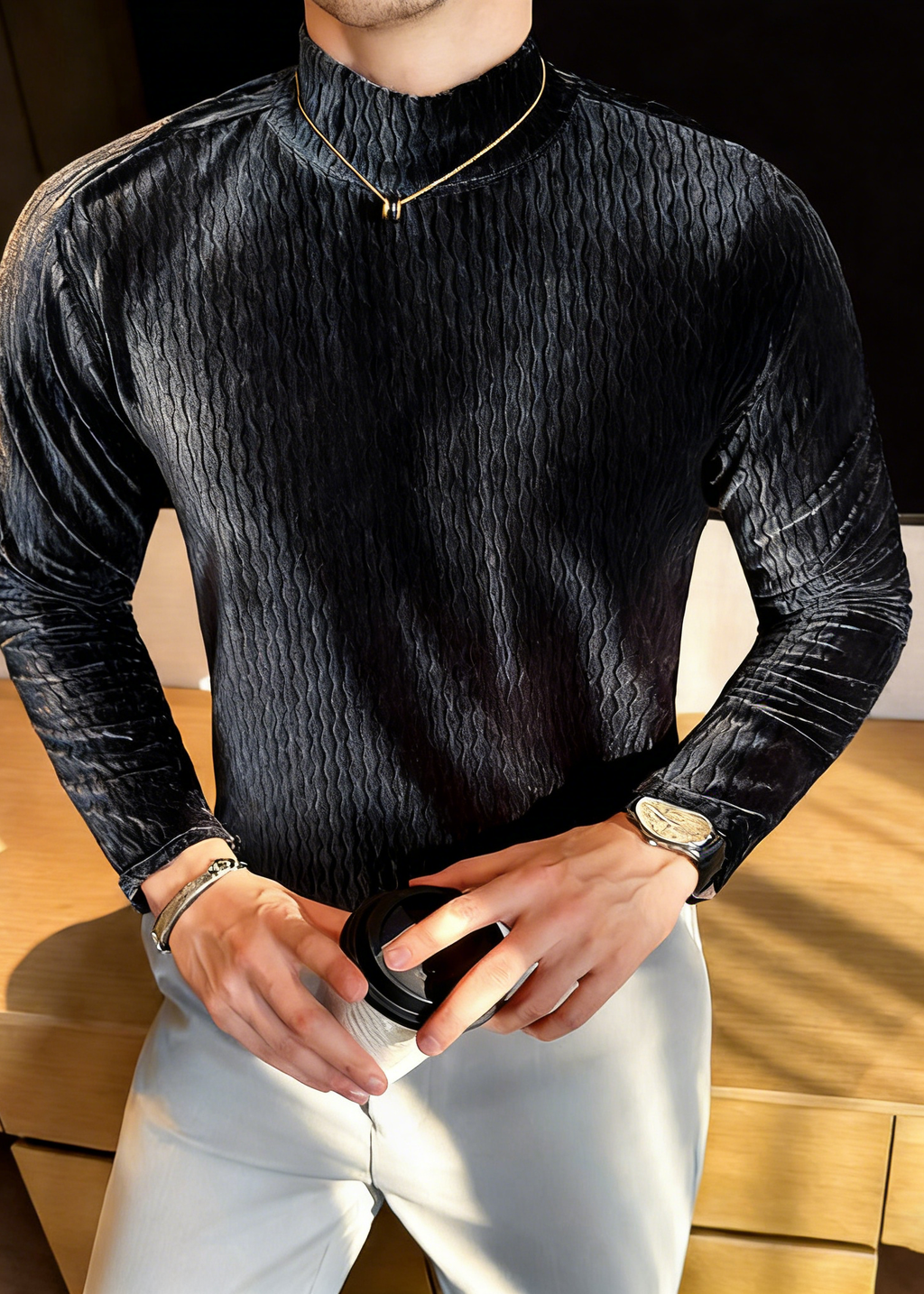Men’s Diamond Jacquard Velvet Mock Neck Long Sleeve Base Layer – Slim Fit Thermal Top