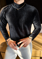 Men’s Diamond Jacquard Velvet Mock Neck Long Sleeve Base Layer – Slim Fit Thermal Top
