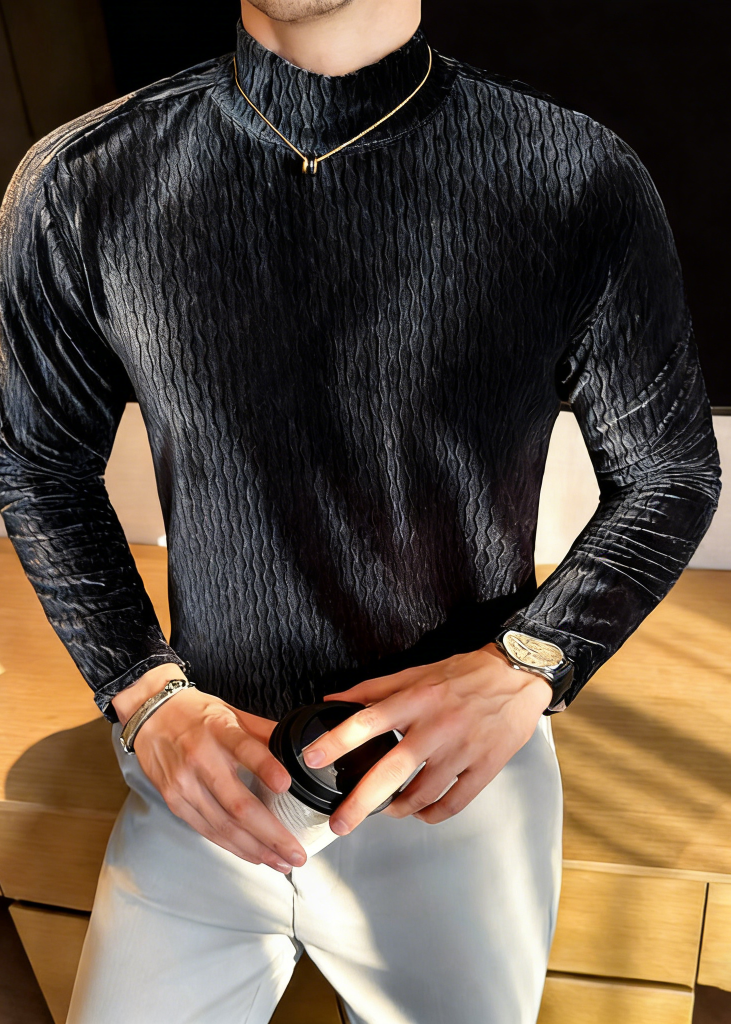 Men’s Diamond Jacquard Velvet Mock Neck Long Sleeve Base Layer – Slim Fit Thermal Top