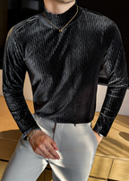 Men’s Diamond Jacquard Velvet Mock Neck Long Sleeve Base Layer – Slim Fit Thermal Top