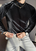 Men’s Diamond Jacquard Velvet Mock Neck Long Sleeve Base Layer – Slim Fit Thermal Top