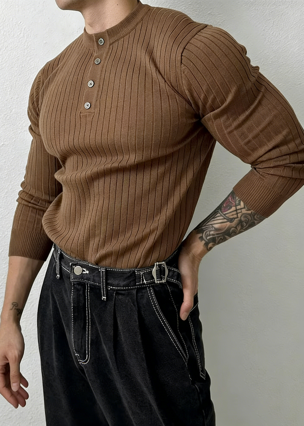 Men’s Ribbed Henley Knit Shirt – Slim Fit Muscle Long Sleeve Casual Sweater