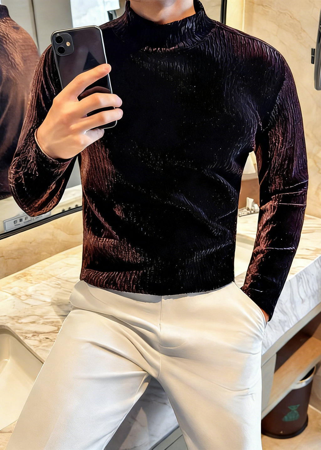 Men’s Diamond Jacquard Velvet Mock Neck Long Sleeve Base Layer – Slim Fit Thermal Top