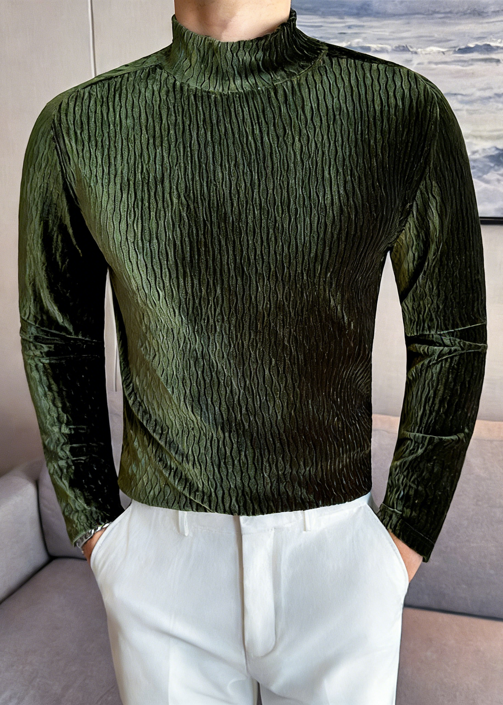 Men’s Diamond Jacquard Velvet Mock Neck Long Sleeve Base Layer – Slim Fit Thermal Top