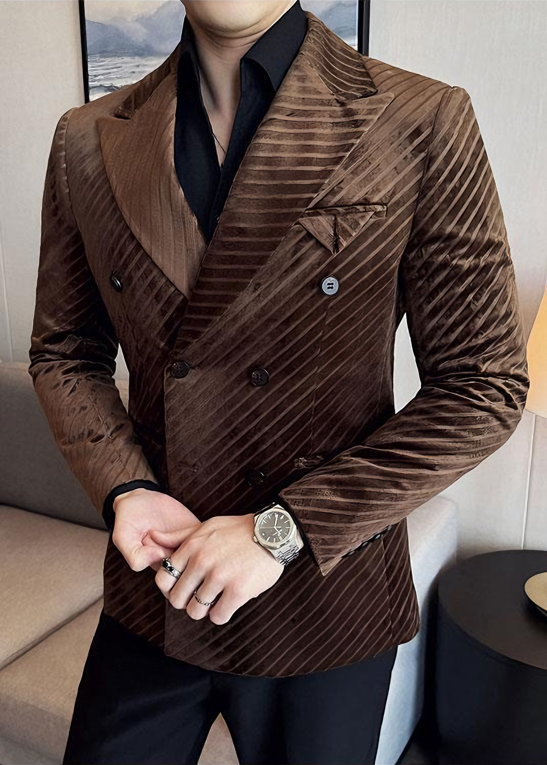 Men’s Acetate-Look Slim Fit Double-Breasted Blazer – Luxury Velvet Twill Formal Suit Jacket