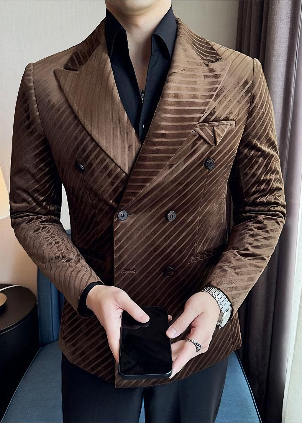 Men’s Acetate-Look Slim Fit Double-Breasted Blazer – Luxury Velvet Twill Formal Suit Jacket